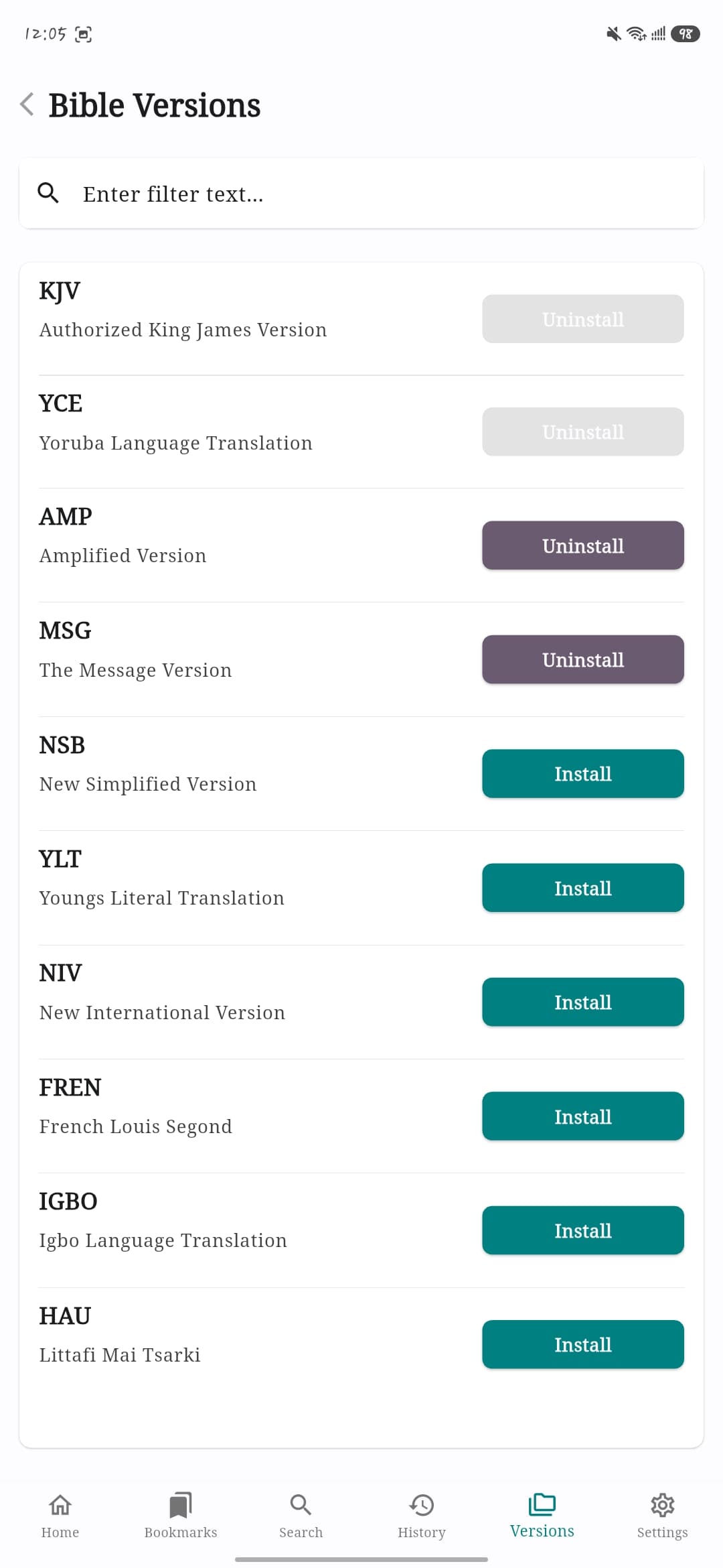 Versions & translations — Bi Bible screenshot