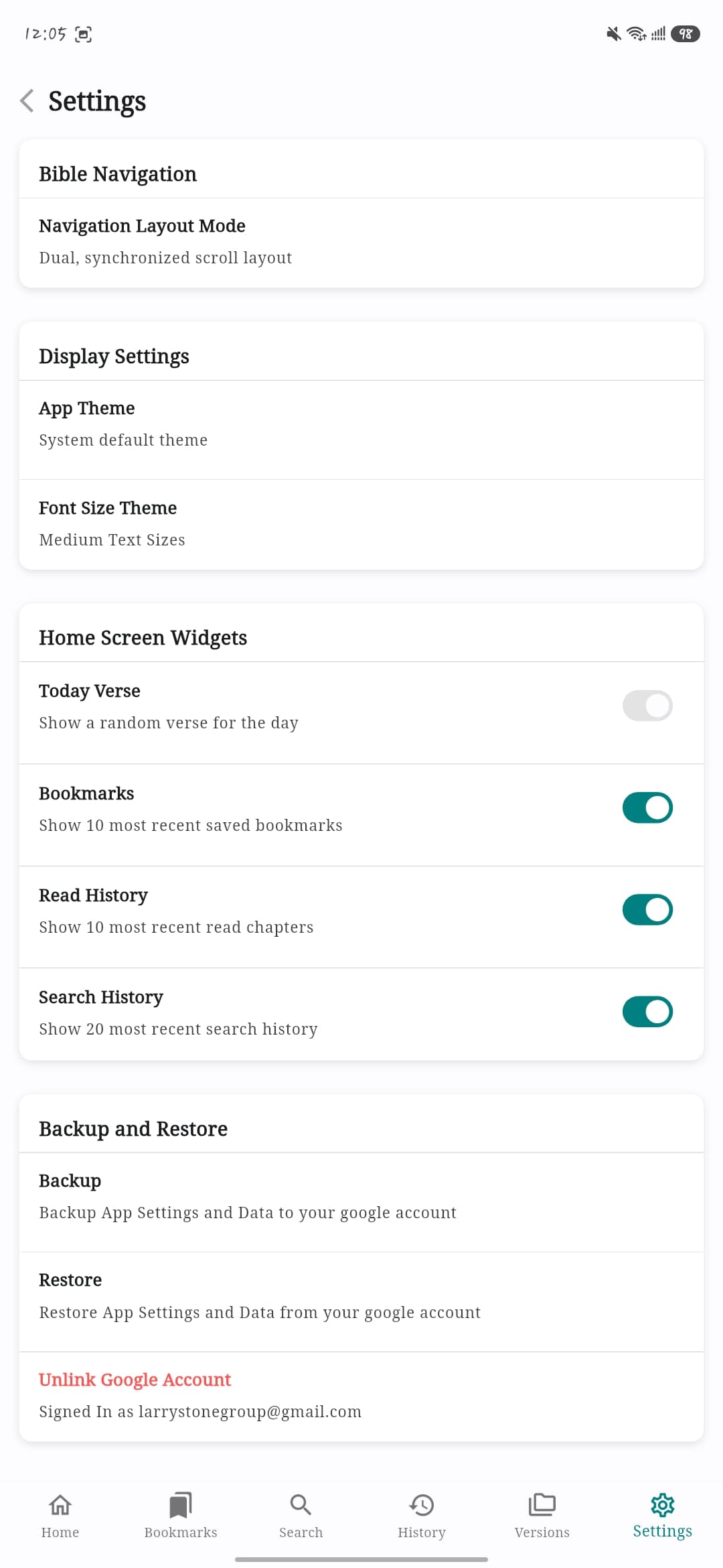Settings & cloud sync — Bi Bible screenshot
